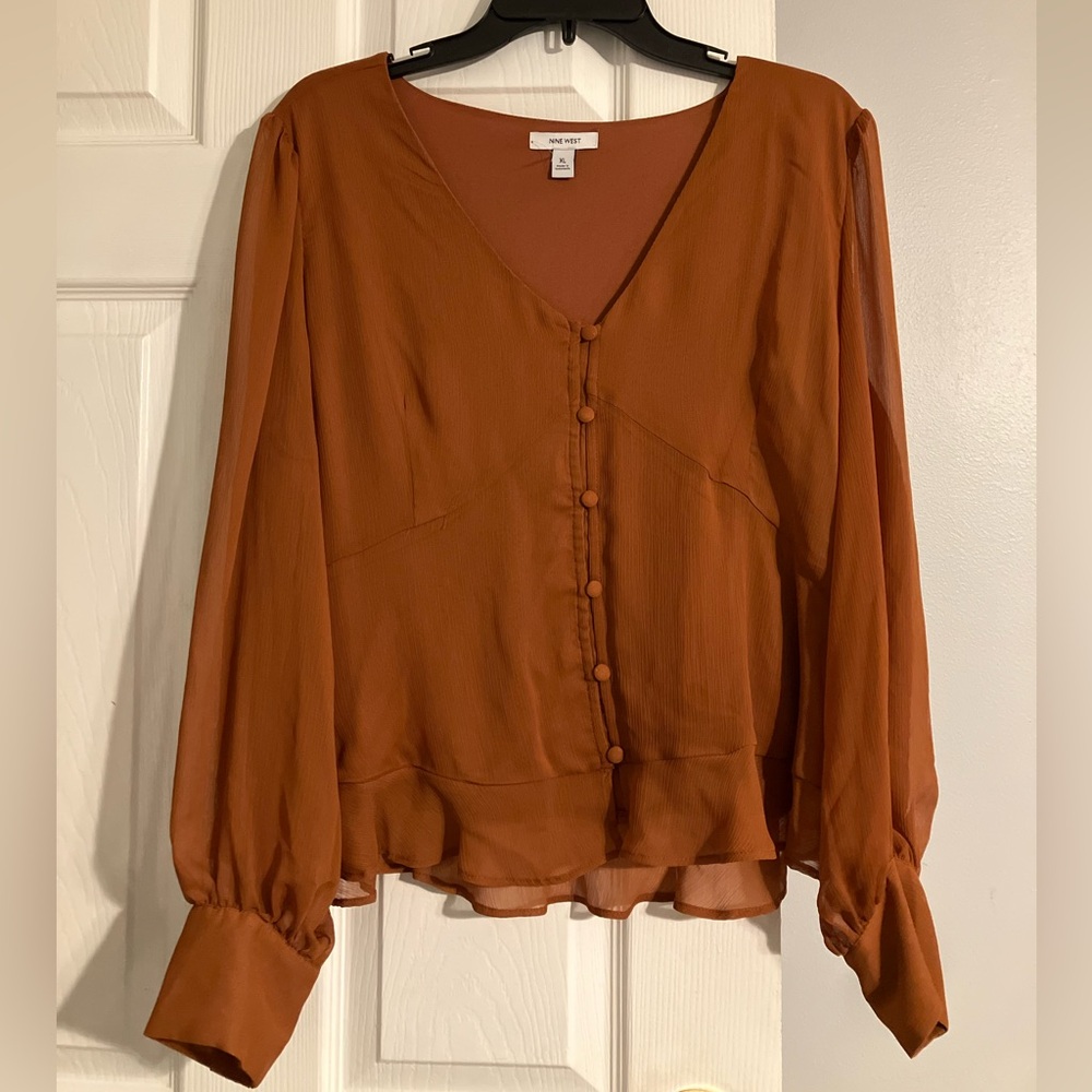 Nine West Terracotta Button-Front Blouse
